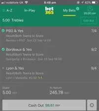 What is partially cash bet365?